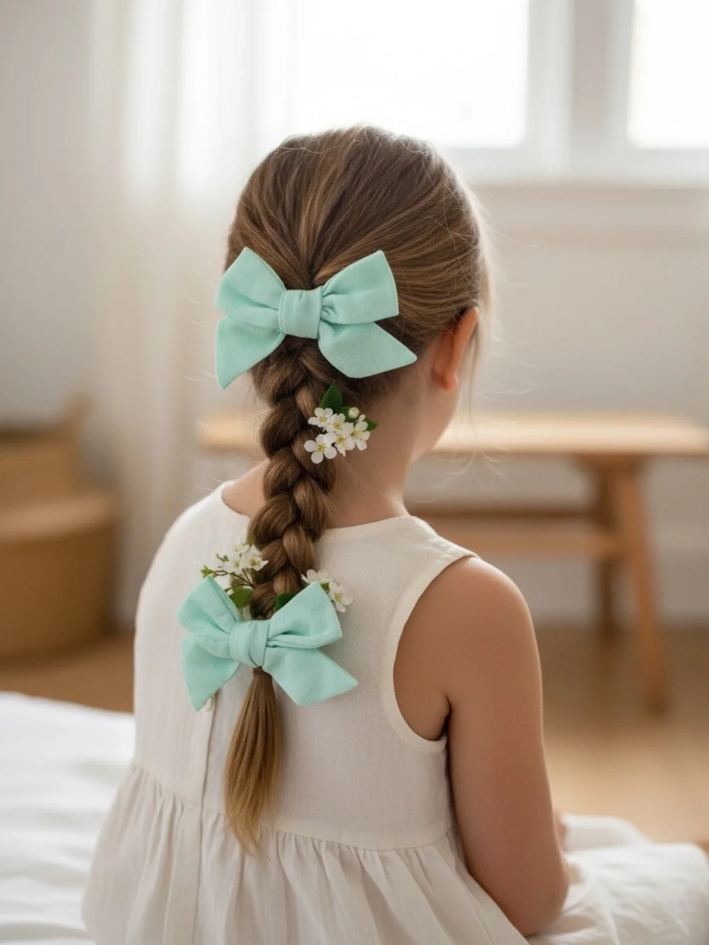 Set of 2 Mint Green Linen Hair Bows Cottagecore Classic Alligator Clips